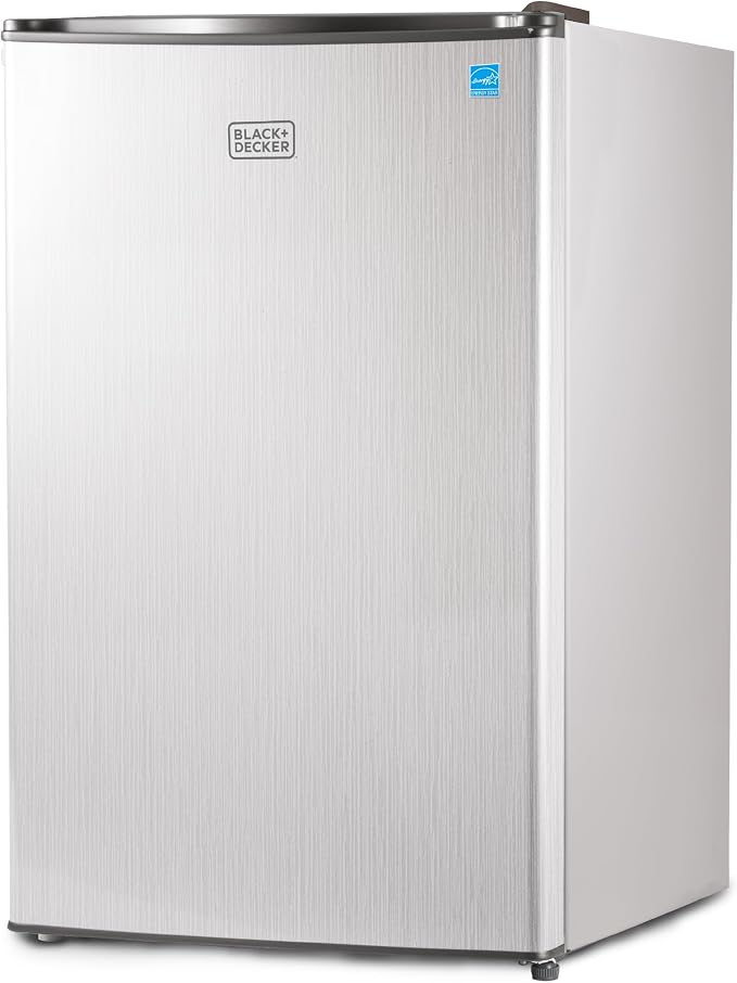 BLACK+DECKER 4.3 Cu. Ft. Compact Refrigerator, BCRK43V, Stainless Look | Energy Star Certified Small Refrigerator, Single Door Mini Fridge with Chiller Compartment, Personal Fridge for Home or Dorm