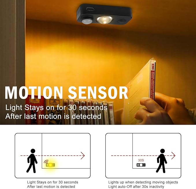 Black Motion Sensor Night Light, Wireless Rechargeable Puck Lights for Cabinet, Dimmable Stick on LED Closet Lights, Warm White Motion Sensor Light Indoor(4 Pack)