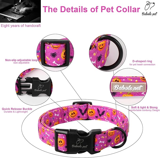 Halloween Dog Collar, Cute Pumpkin Bat Pattern Halloween Purple Puppy Collar, Soft Adjustable Cotton Dog Collars for Small Medium Large Boy&Girl Dogs XS