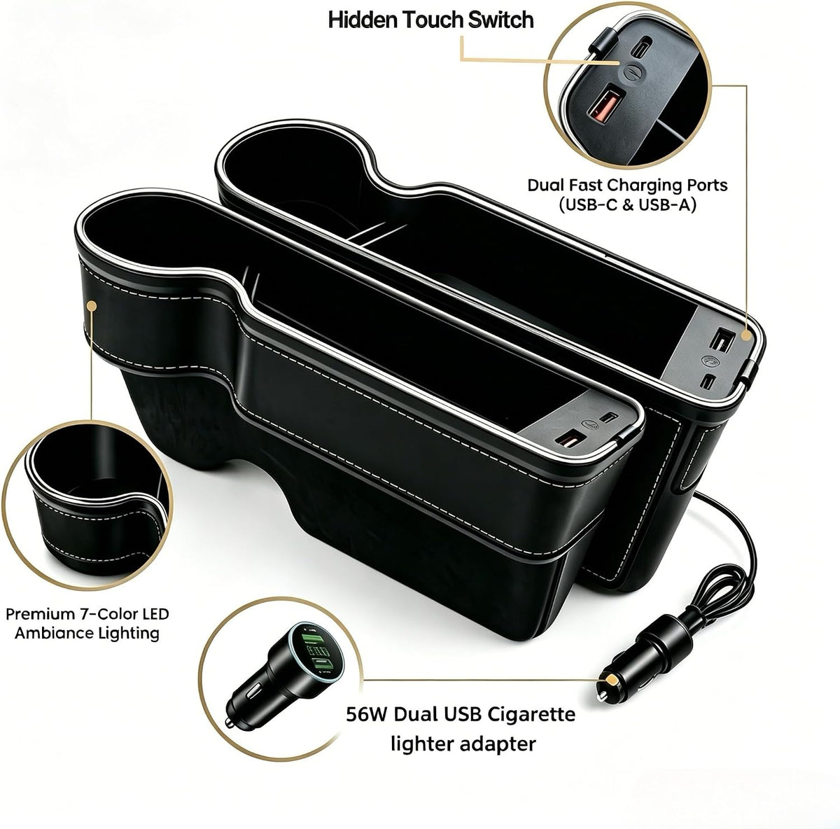 7 Colors LED Car Seat Gap Organizer with 56W Fast Charger 2 Pieces