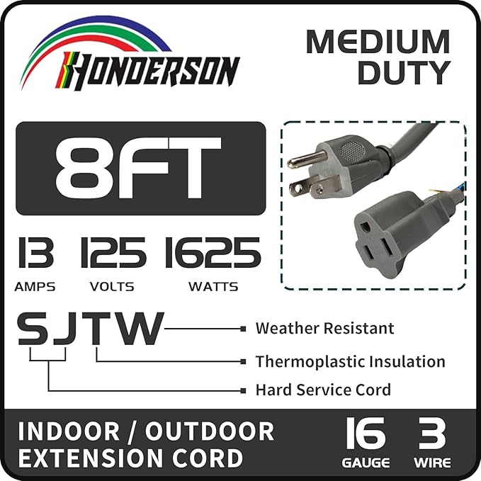 Indoor Outdoor Extension Cord Weatherproof, UL Certified, 16 Gauge 8FT Grey 3 Prong Heavy Duty, 16/3 SJTW 13A Power Cord for Outdoor Lights, Appliances, Lawn