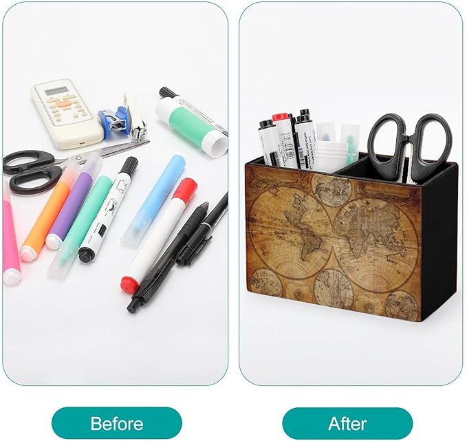 Pen Holder, Pencil Holder for Desk Organizer, Vintage Retro World Map PU Leather Pencil Cups Desktop Stationery Storage Makeup Brush Holder Pen Organizer for Office Home