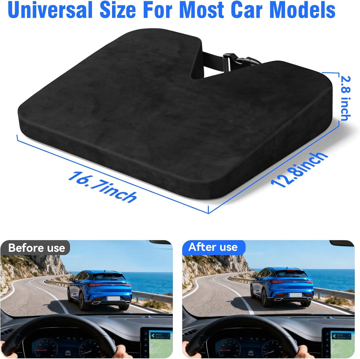 Car Seat Cushion for Driving, Wedge Car Cushion for Home Office Travel Long Sitting, Soft Comfortable Support for Sciatica Tailbone, Pain and Pressure Relief, Non-Slip(Black)