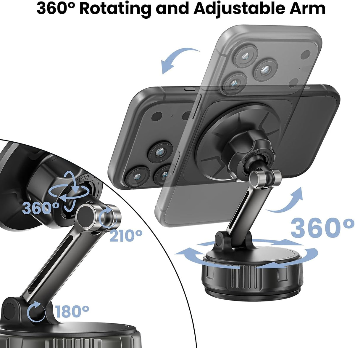2-in-1 Strong Magnetic Suction Cup Car Phone Holder with Air Vent Hook, Rotatable Hands-Free Phone Mount for Dashboard and Windshield for Navigation, Compatible with iPhone & Android Phones