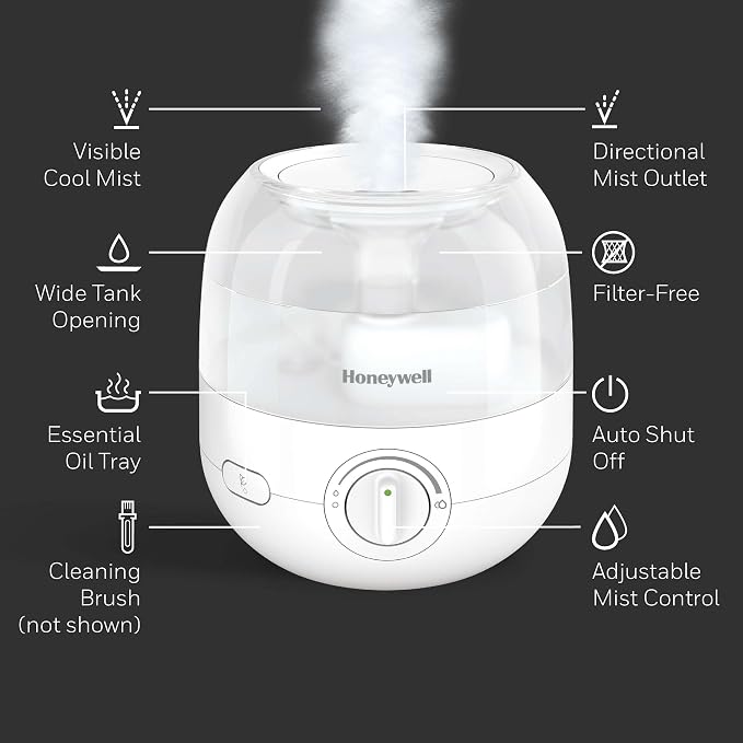 Honeywell Mini Cool Mist humidifier, Easy to Fill and Clean, humidifier for small Bedroom, Kids Rooms, or office. Ultra Quiet Operation and Auto Shut-Off - White, HUL525W
