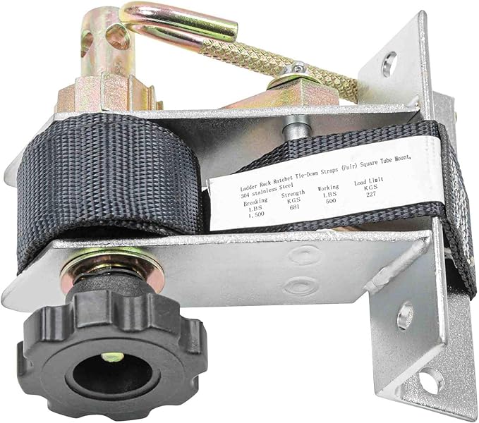 Mytee Products 2 Pk 1-1/2" x 7' Ladder Rack Ratchet Tie-Down Straps (Pair) Square Tube Mount, 304 Stainless Steel