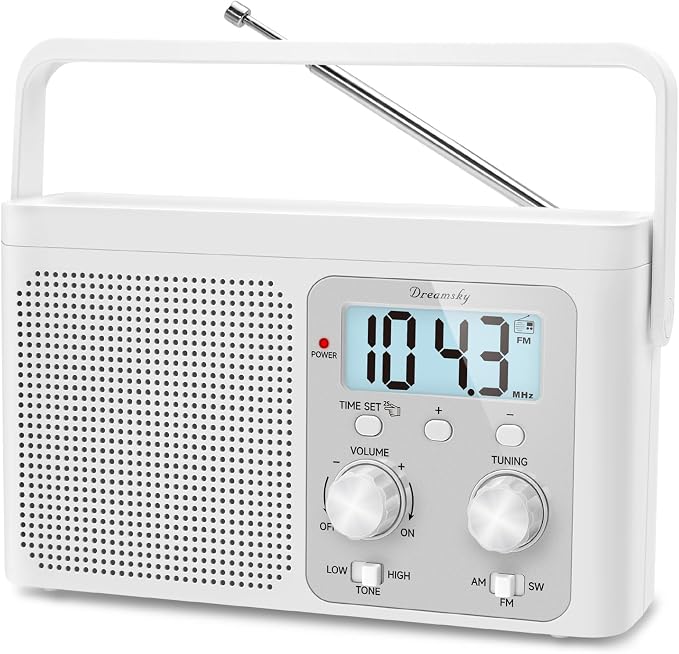 DreamSky AM FM Radio Portable - Shortwave Radio Battery Powered or Plug in Wall for Home Outdoor, Strong Reception, Large Dial Easy to Use, Digital Time Display, Transistor Antenna, Seniors Small Gift