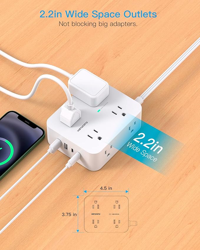 Extension Cord 15 Ft, Power Strip with 4 USB Ports(2 USB C), HANYCONY 8 Surge Protector Outlets with Flat Plug, Wall Mount, Desk for Home Office College Dorm Room Essentials