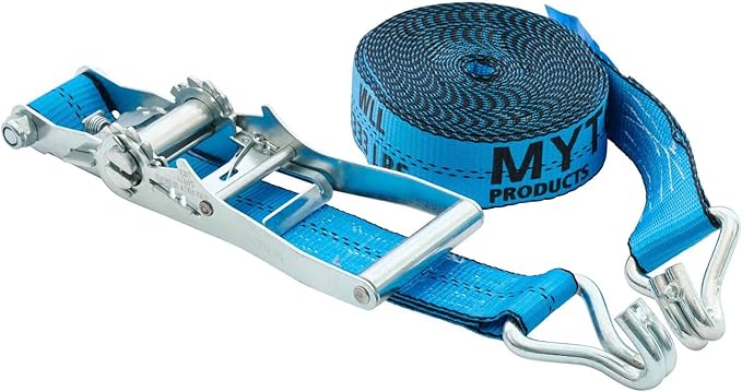 Mytee Products (4 Pack 2 Inch x 27 FT Blue Ratchet Strap with J Hooks - 10,000 Lbs Breaking Strength - Heavy Duty Tie Down Cargo Truck Straps with Wire Hooks for Flatbed, Truck, Trailers Pickup