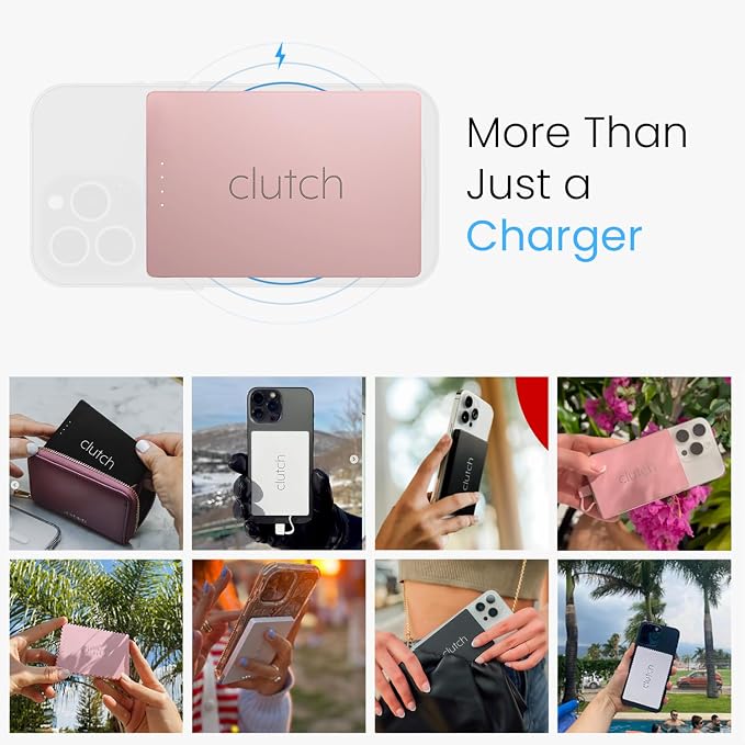 Clutch Pro – World's Thinnest iPhone Charger – Portable Power Bank 5000mAh – Magnetic Built-in Lightning Cable – TSA Approved Travel Charger – iPhone 14 & Earlier – Pink