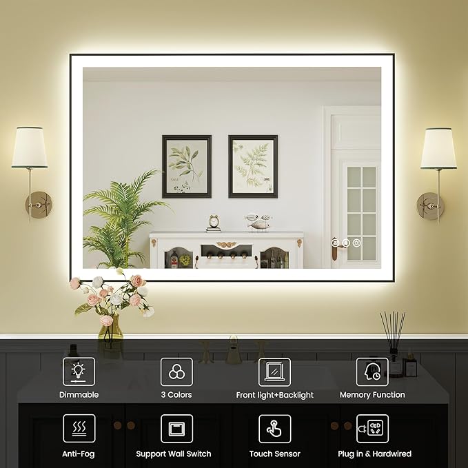 WTTY 40"X30" LED Bathroom Mirror with Black Frame, Bathroom Vanity Mirror with Lights for Wall, Front Light and Backlit, Anti-Fog, Dimmable, 3 Colors, Shatterproof, Memory, Horizontal/Vertical