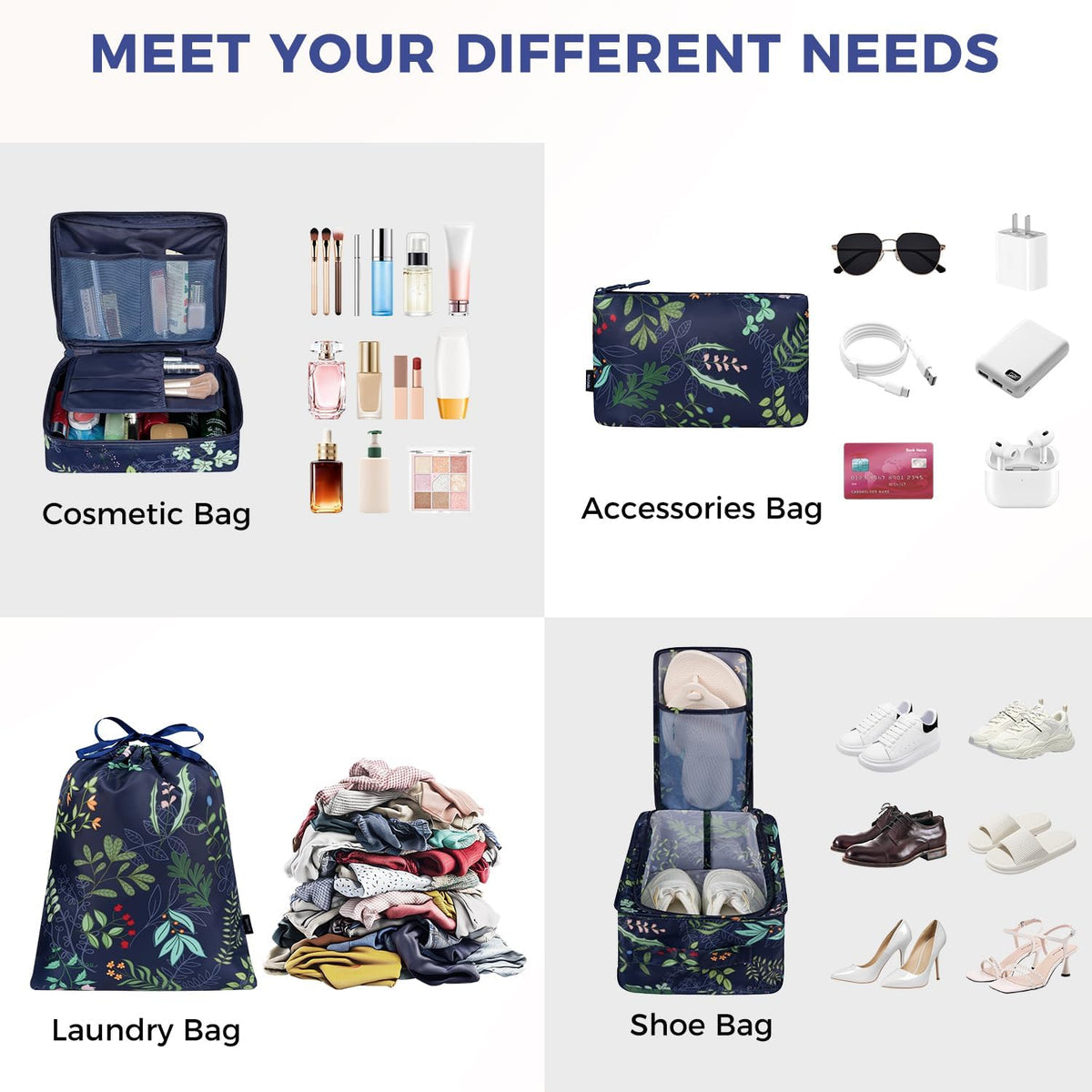BAGAIL 8 Set Packing Cubes Luggage Packing Organizers for Travel Accessories-Navy Leaf