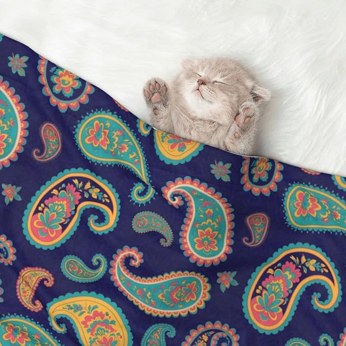 Reversible Plush Throw for Dogs and Cats, Colorful Paisley Flowers, Double Sided Blanket with Nubby Dot Side and Sleek Side Ideal for Cuddling Nesting Security