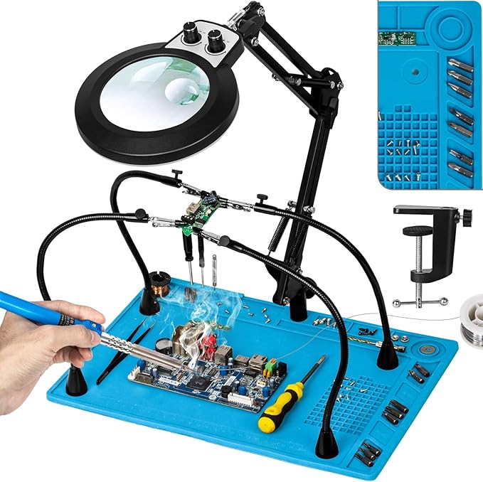 Silicone Mat Helping Hands Soldering Station, 30X/10X Magnifying Glass