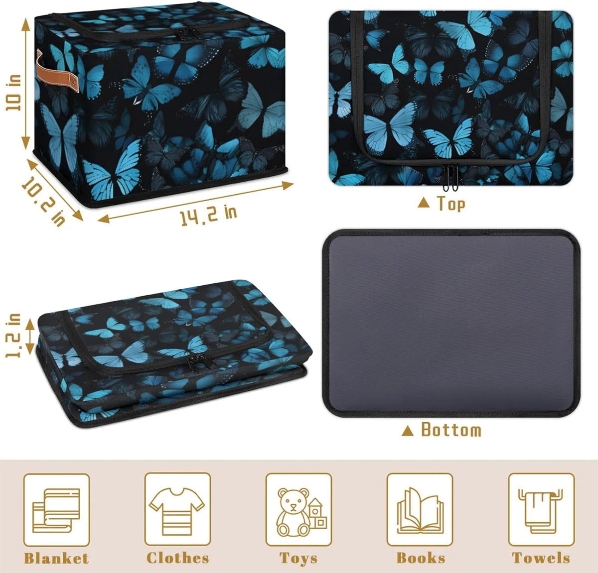 Blue Butterfly Storage Bins With Zipper Lid, Collapsible Trunk Organizer, Car Organizers and Storage Bins with Lids, Decorative Storage Boxes with Handle, Home Storage Baskets for Organizing