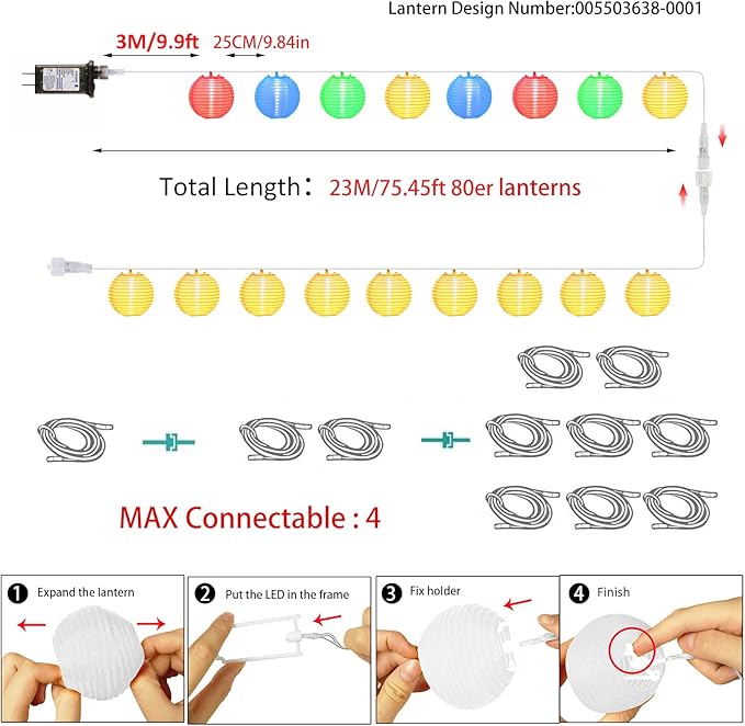 Outdoor Patio Lights Plug in, 65.6Ft Connectable Warmwhite & Multicolor Hanging Lantern String Lights with Remote Timer 80LED Outdoor String Lights Waterproof for Garden Backyard Fences