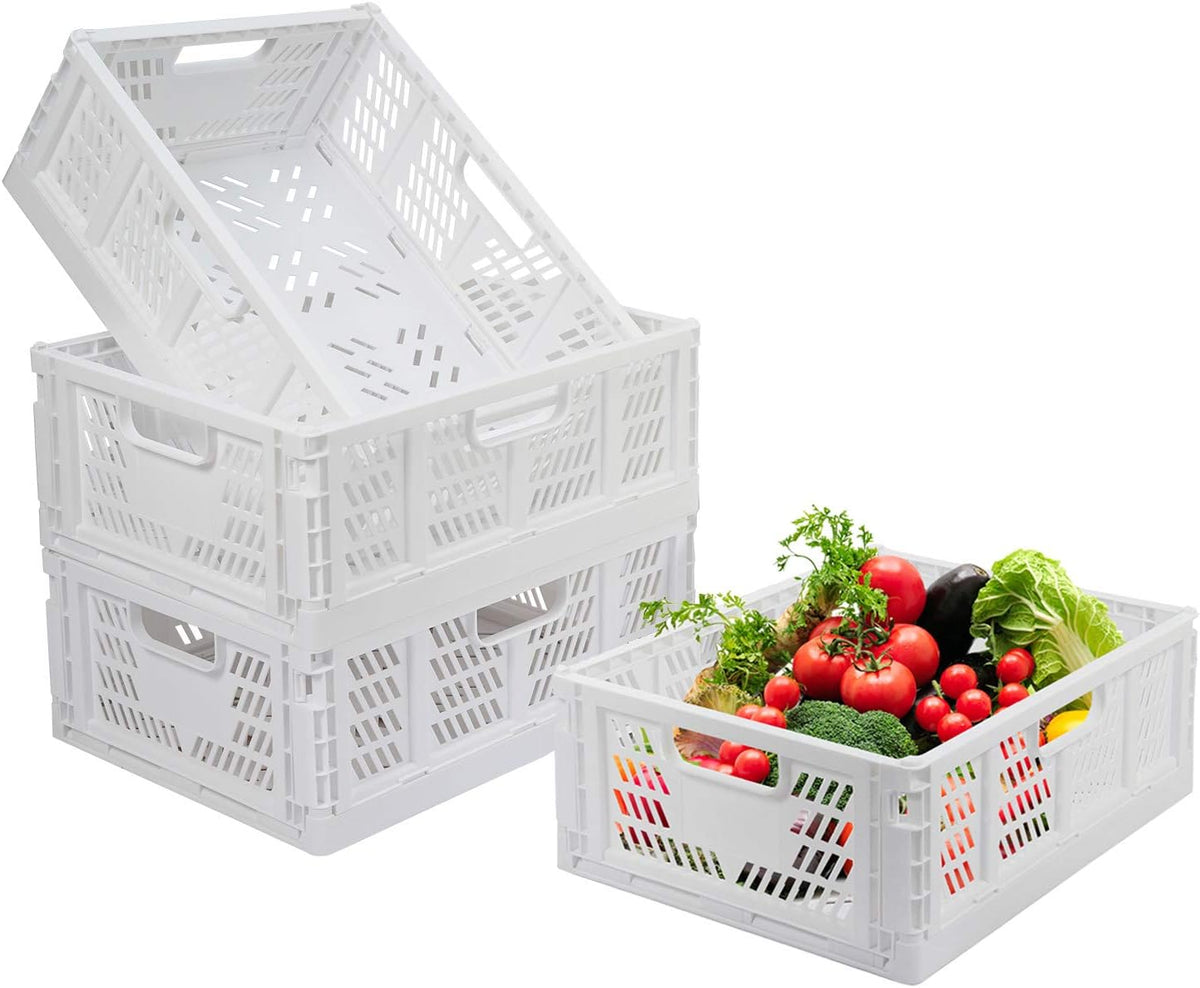 4-Pack Folding Storage Boxes Crate Collapsible Plastic Drawer Organizer , Stackable Shelf Storage Basket Food Fruit Vegetables Bottles Toy Organiser Baskets for Home Office Bedroom Kitchen -White