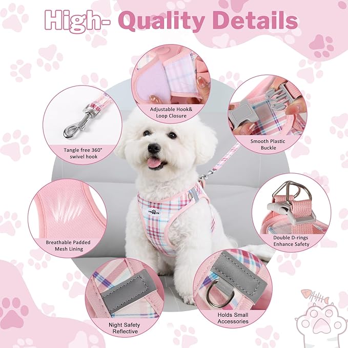Gyuzh Small Dog Harness and Leash Set for Puppy & Kitten - 3-in-1 No Pull Step in Vest Collar, Lightweight Reflective Plaid, Padded Handle (Pink, XS)
