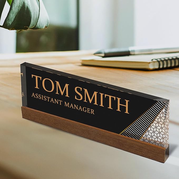 Artblox Personalized Office Desk Name Plate and Business Card Holder | Clear Acrylic Glass with Teak Wood Stand | Abstract Shapes Design Customized with Your Name and Credentials Office Desk Décor