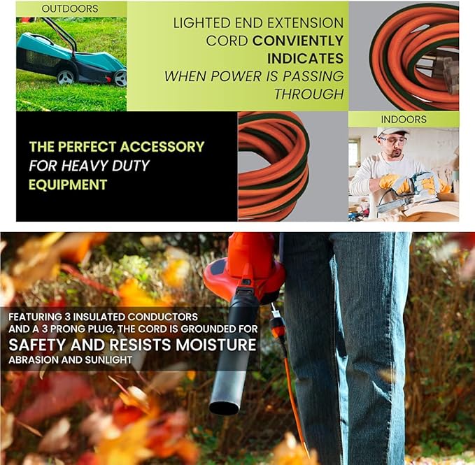 Go Green Power Inc. 16/3 100ft Outdoor Extension Cord - Heavy Duty, Lighted End, Contractor Grade SJTW Cable - Moisture & Abrasion Resistant - GG-13700