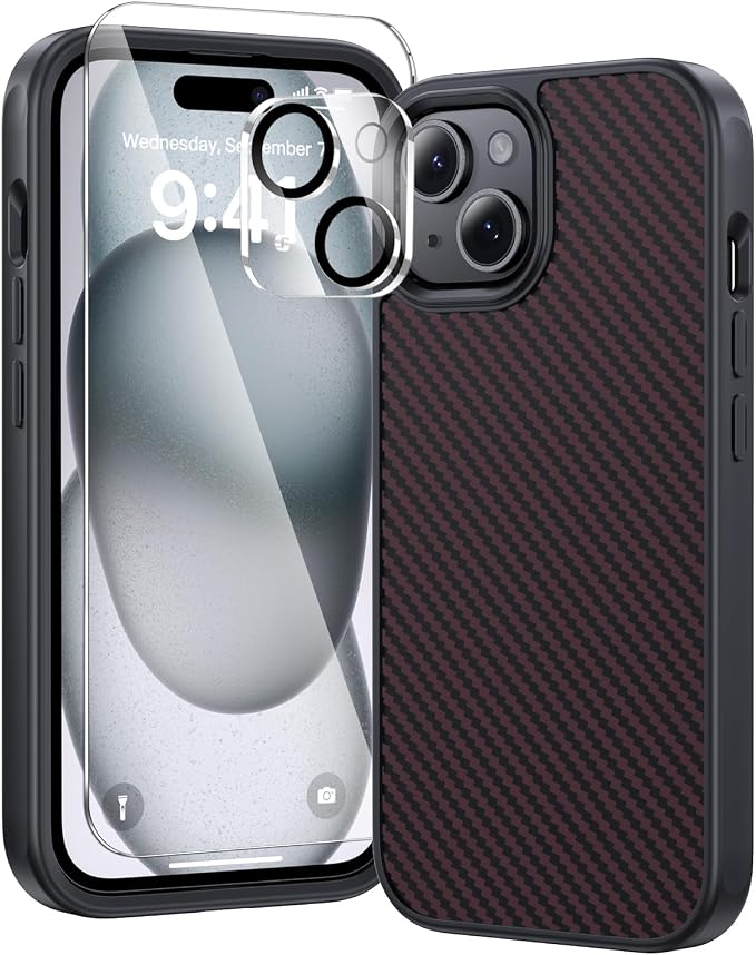 toushion 3 in 1 for iPhone 15 Case Carbon Fiber Black&Red, Fits MagSafe
