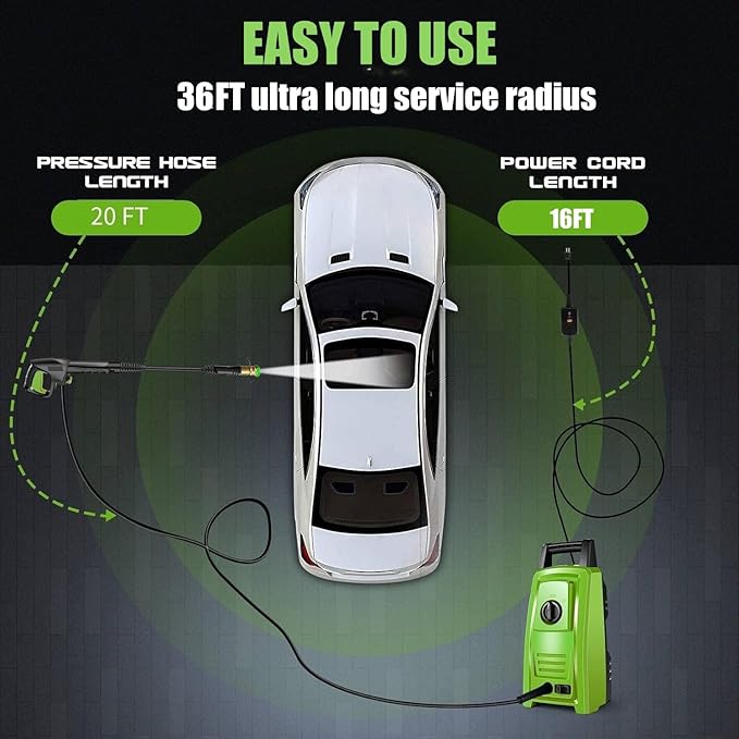 𝐏𝐨𝐰𝐞𝐫 𝐖𝐚𝐬𝐡𝐞𝐫 𝟒𝟓𝟎𝟎𝐏𝐒𝐈 Portable with 20FT Pipe, 4 Nozzle Set for Home/Cars/Fences/Windows, Green
