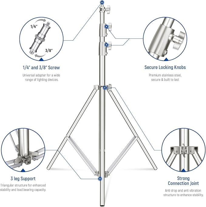 NEEWER 2Pcs 9.2ft Stainless Steel Light Stands, Spring Cushioned Heavy Duty