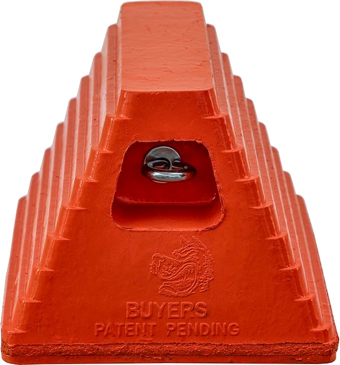 Buyers Products WC6810LP Heavy Duty Rubber Wheel Chock with Recessed Eyebolt, 10x8x6 Inch, Tire Chock for Cars, Trailers, RVs, Oil Resistant, Durable Tire Stopper, Ideal for Shipping Docks, Orange
