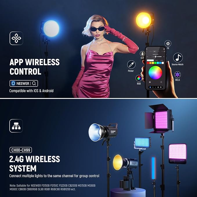 NEEWER 130W RGB LED Video Light APP/2.4G Control 17 Effects, 2500-7500K
