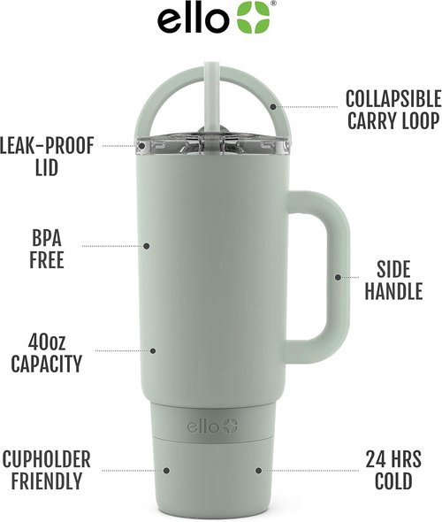 Ello Port 40oz Tumbler - Vacuum Insulated Stainless Steel Water Bottle with Carry Loop & Straw | Sage Color