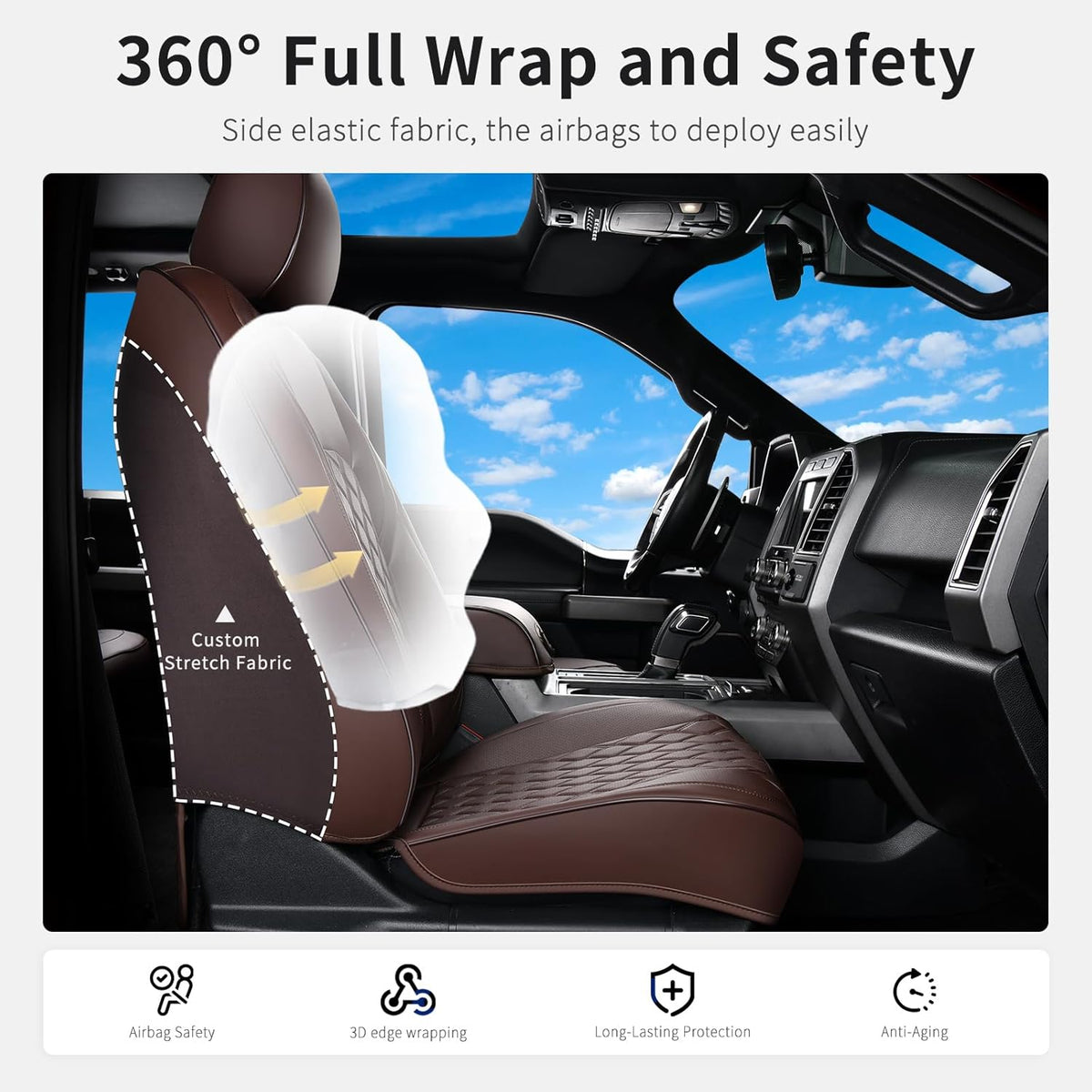 Huidasource Ford F150 F250 Custom Seat Covers, Full-wrap Car Seat Protector Fit for Ford F150 2015-2026&F250 F350 F450 2017-2026 All Cab XL XLT Lariat King Ranch Platinum(Front Pair/Coffee)