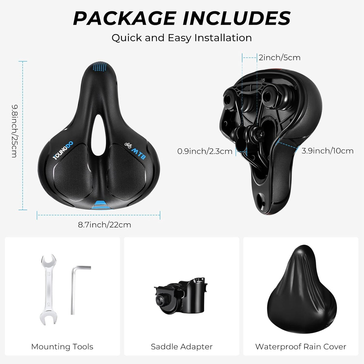 YOUNGDO Comfortable Wide Bike Seat - Breathable Gel Saddle for MTB, Road, and Spinning Bikes