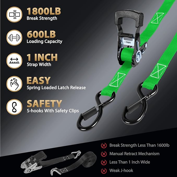 Ratchet Straps - Heavy Duty Tie Downs Straps - 1 Inch x 15 Feet 4 Pack - Safety S Hooks & Soft Loops, 1800LBS Break Strength for Men, Trucks Cargo Moving appliances Motorcycle ATV (Green)