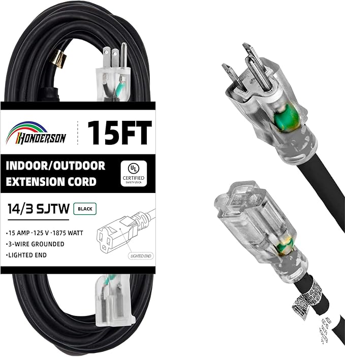 Indoor Outdoor Extension Cord Weatherproof with Lighted End, UL Certified, 14 Gauge 15FT Black 3 Prong Heavy Duty, 14/3 SJTW 15A Power Cord for Outdoor Lights, Lawn