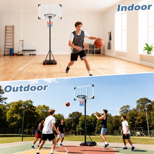 DUMOS 5.08-8.53FT Portable Basketball Hoop Outdoor for Kids, Adjustable Height 44 Inch Shatterproof Backboard w/Shock Absorbent Rim, Fillable Base, 2 Wheels for Swimming Pool/Indoor, White
