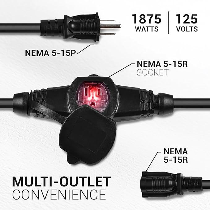 COLSEN Extension Cord with Multiple Outlets – 50 ft Heavy Duty 16 Gauge Power SJTW Cable, 15 Amp 3 Prong 11 NEMA Multi Plug, 14 AWG Male to Female Connector, 5-15R Female Socket, Outdoor/Indoor Black
