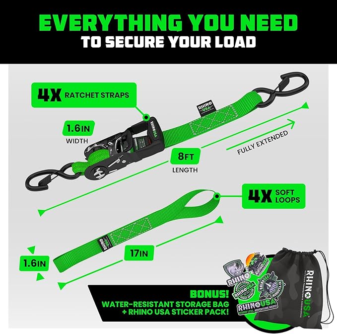Rhino USA Ratchet Straps Heavy Duty Kit (4-Pack) - 1.6 Inch x 8 Feet Min Break Strength (5,000) - Ultimate Tie Down Straps with Safety S Hooks for Trucks, ATV, UTV, Motorcycle, Cargo & More - Green