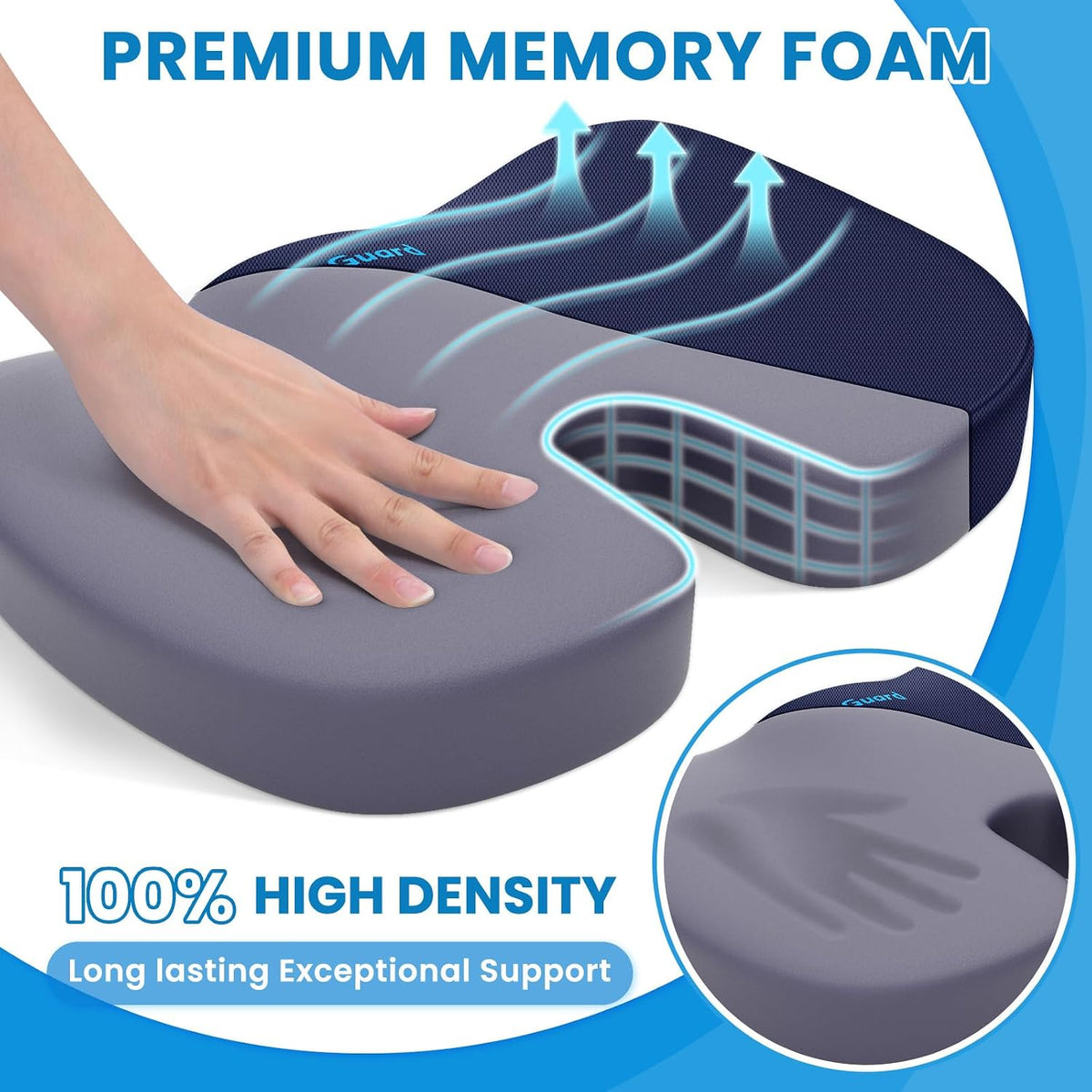 TushGuard Seat Cushion for Office Chair Memory Foam Non-Slip Cushion Back, Relief Chair Pad, Butt Pillow for Office Chair, Car, Computer Desk, Blue