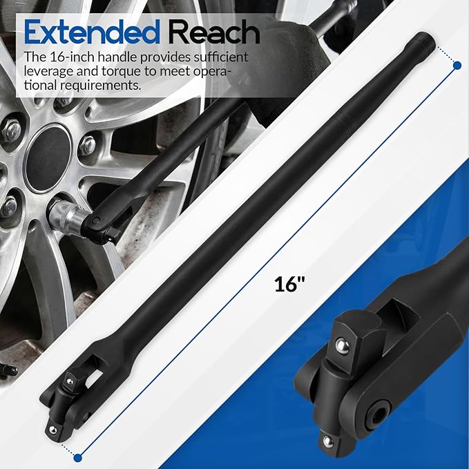 16-Inch Dual Drive Breaker Bar, 3/8" and 1/2" Drive, 360° Rotatable Head with Spring-Loaded Detent Ball