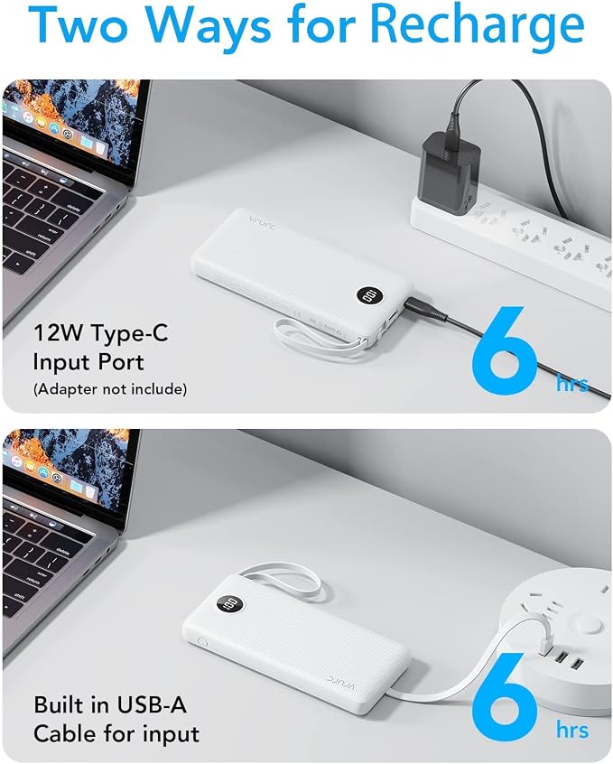 VRURC Portable Charger Power Bank, USB C Battery Pack 10000mAh,5 Outputs 2 Inputs Pocket Travel Charging Bank Built-in Cables for iPhone 17 Pro 17 16 15 14 13,Samsung,Android-White(1 Pack)