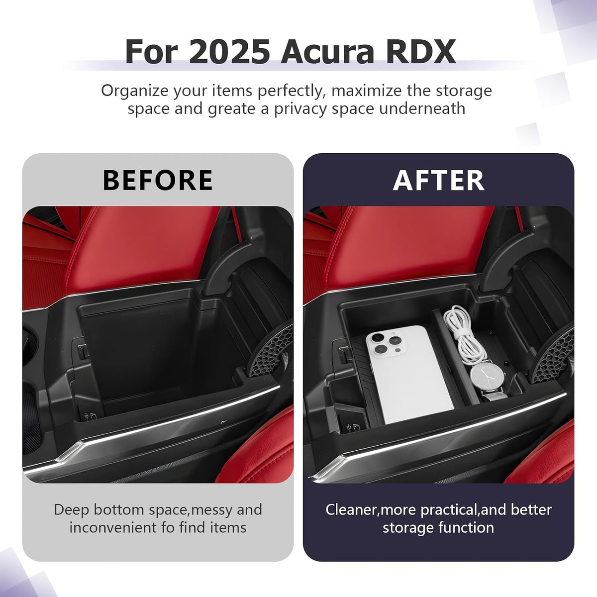 LUWU 2025 2026 A cura RDX Center Console Organizer Compatible with 2025 2026 A cura RDX Accessories Armrest Console Organizer Armrest Insert Tray Black-Trim