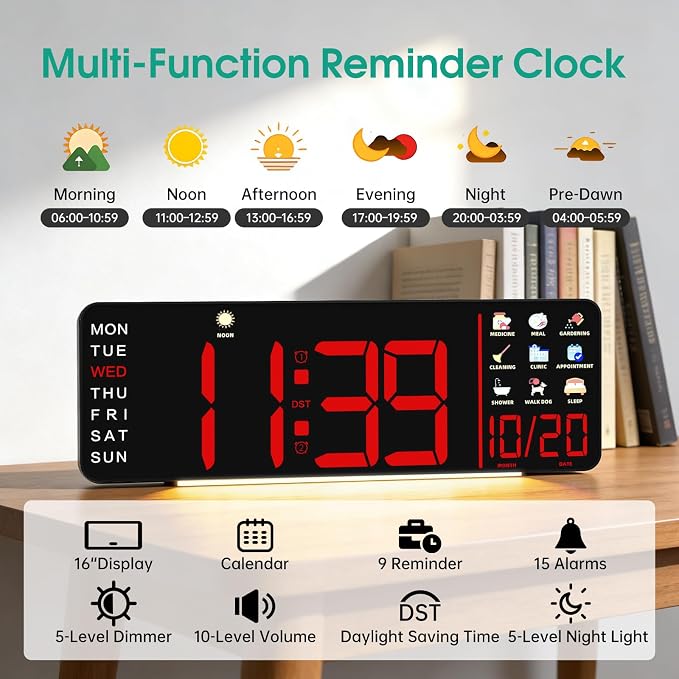 Hoifen Clock with Day and Date for Seniors, Remote Control, Night Light