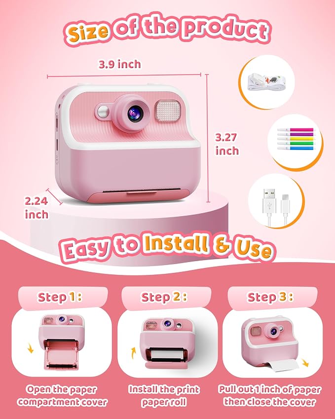 Instant Camera, Front Rear Dual Selfie Kids Camera