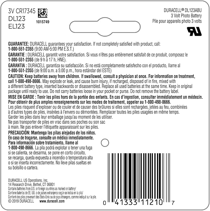 Duracell 123 Lithium Battery, 123 3 Volt High Power Lithium Battery