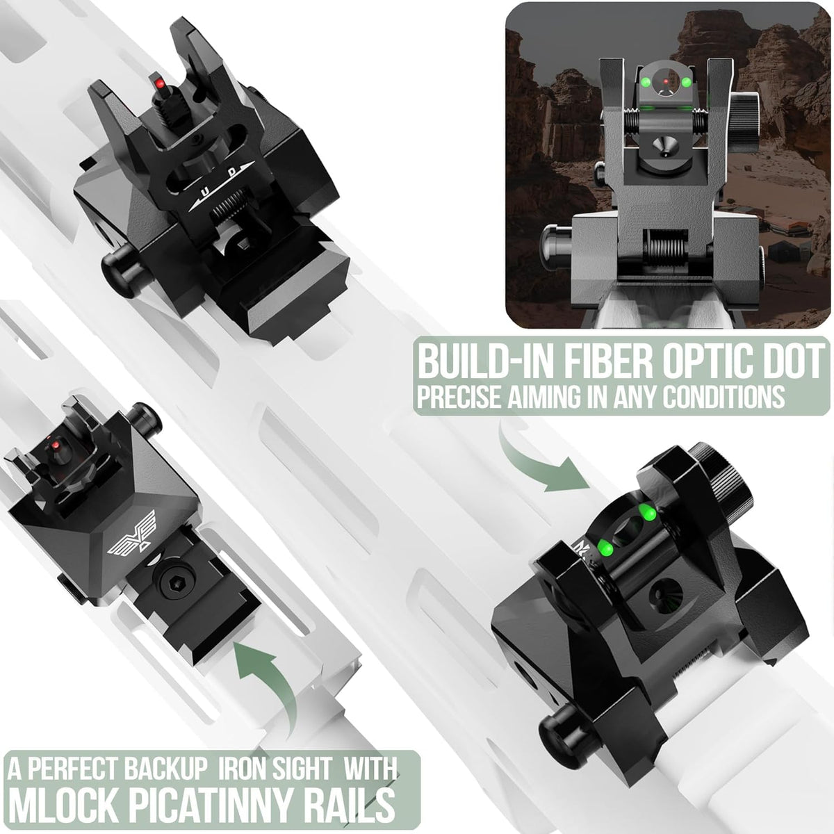 Visiofire Fiber Optic Iron Sights - Tool-Free Adjustable Flip Up Front & Rear Backup Sights | Red & Green Dots