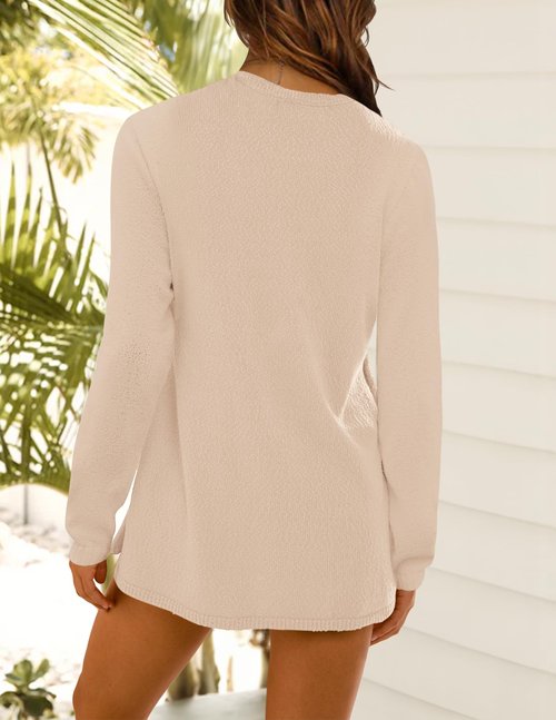NENONA Women's Spring Summer 2 Piece Outfits Long Sleeve Tunic Sweater & Shorts Knit Lounge Sets Beach Vacation Casual Clothes,Beige,M