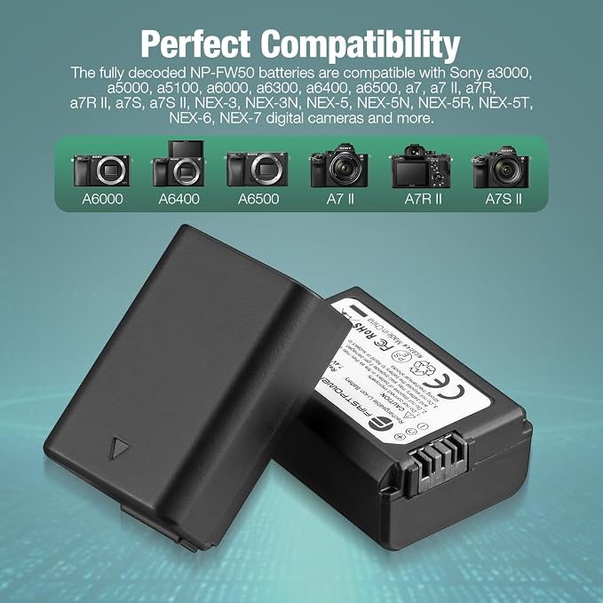 FirstPower NP-FW50 Battery 2-Pack and USB Dual Charger Compatible