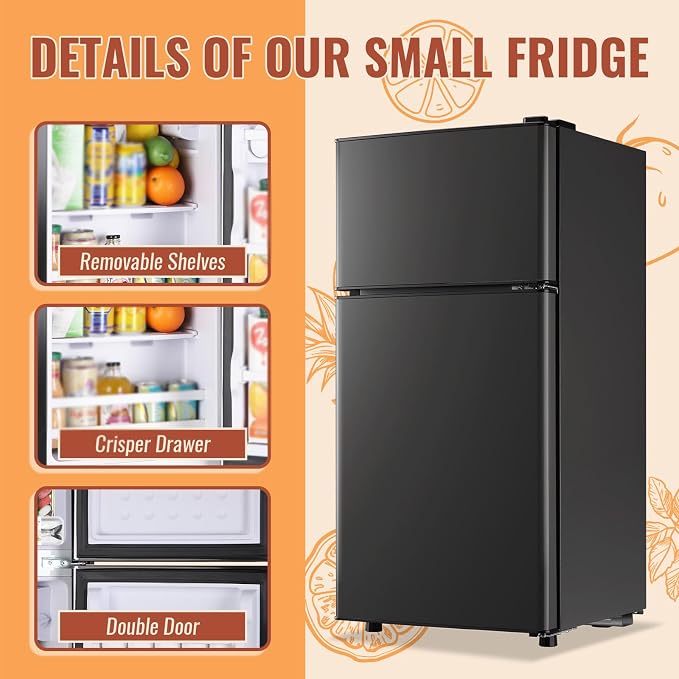 Mini Fridge with Double Doors 2.4 ft³ Small Refrigerator with Separate Freezer & 7 Adjustable Temperature Control, Tiny Size & Personal Fridge Ideal for Office Apartment Dorm Dark Grey