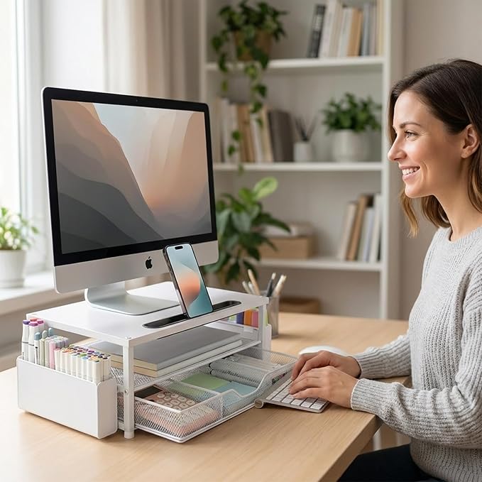 AUPSEN White Monitor Stand Riser, 2-Tier Wood Computer Desk Organizer