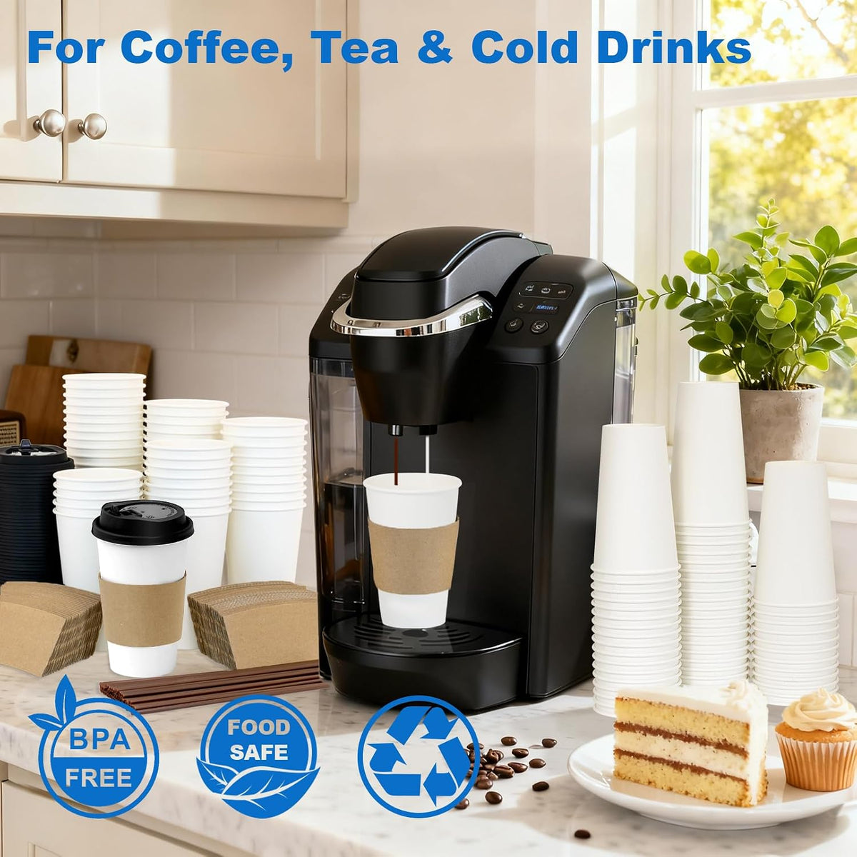 16 oz Coffee Cups + 16 Extra Cups Bulk Disposable To-Go Paper Cups with Lids and Sleeves for Hot Beverage, Chocolate, Cocoa, Office Supplies, Coffee Bar Accessories (100 Pack + 16 Extra Cups, White)